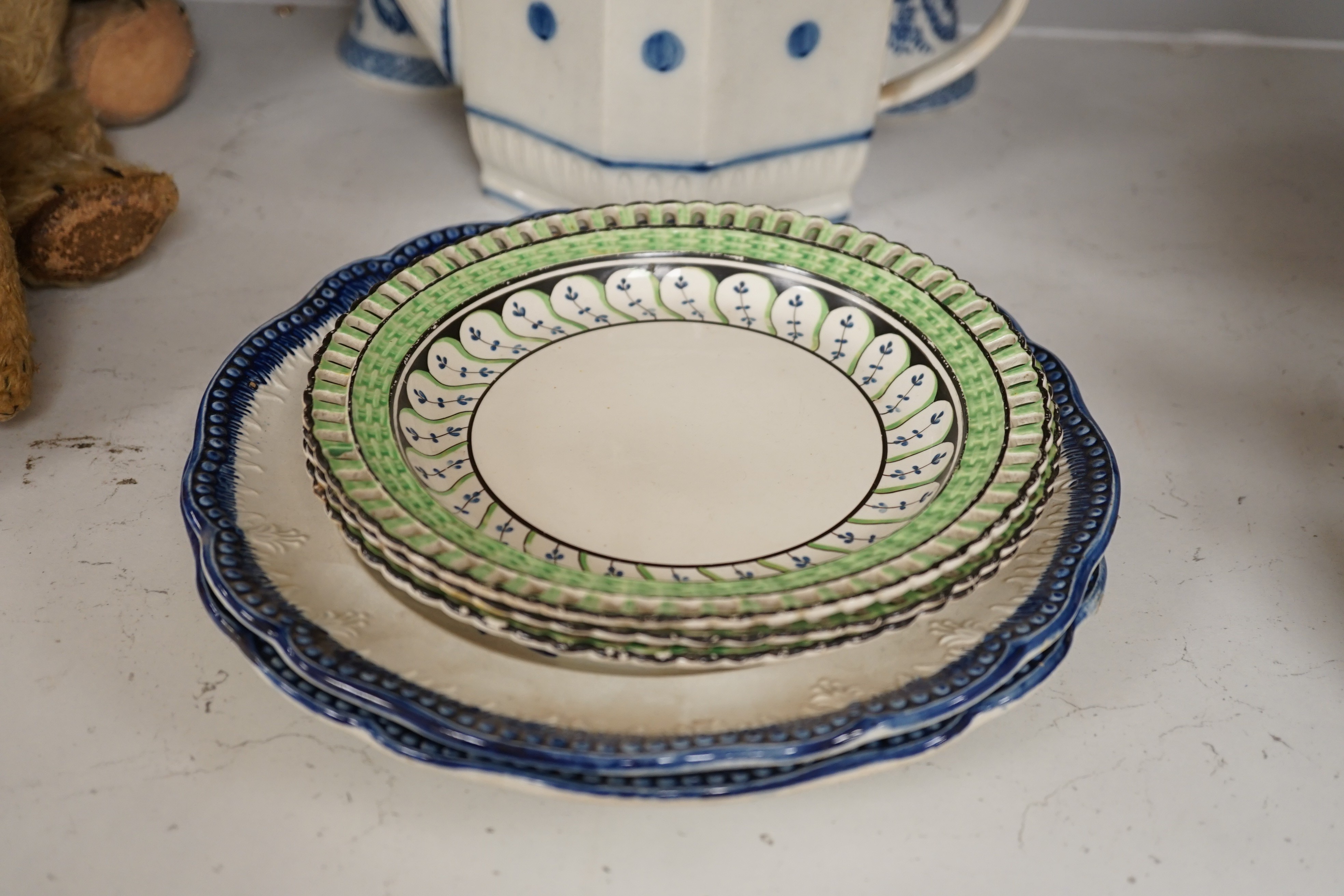 A pair of 19th century blue and white chinoiserie vases, a pearlware teapot, possibly Harley of Lane End, c.1805, three cream ware plates and two other plates, tallest 25cm